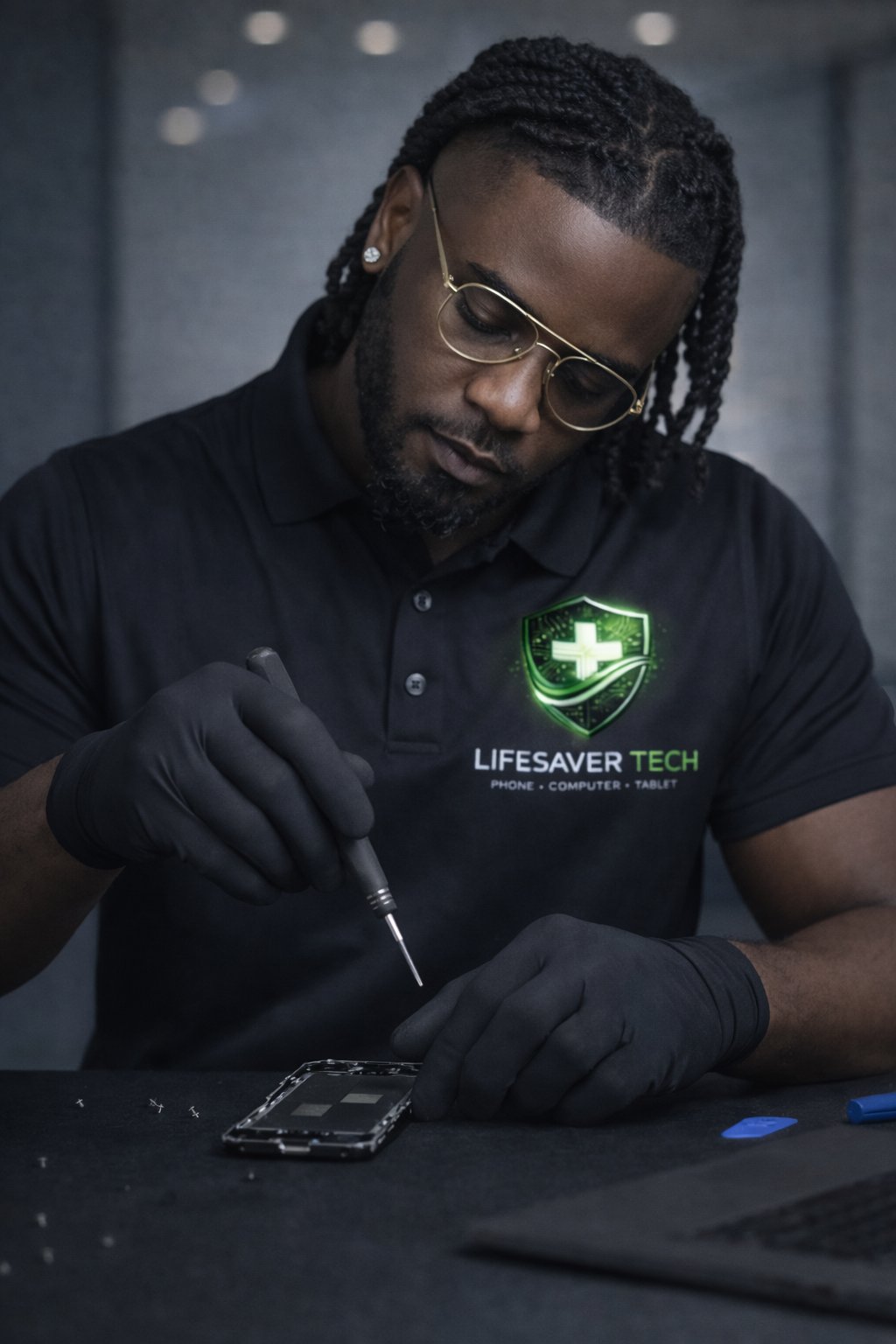 Wisdom Ahligo repairing a device at LifeSaver Tech Repair